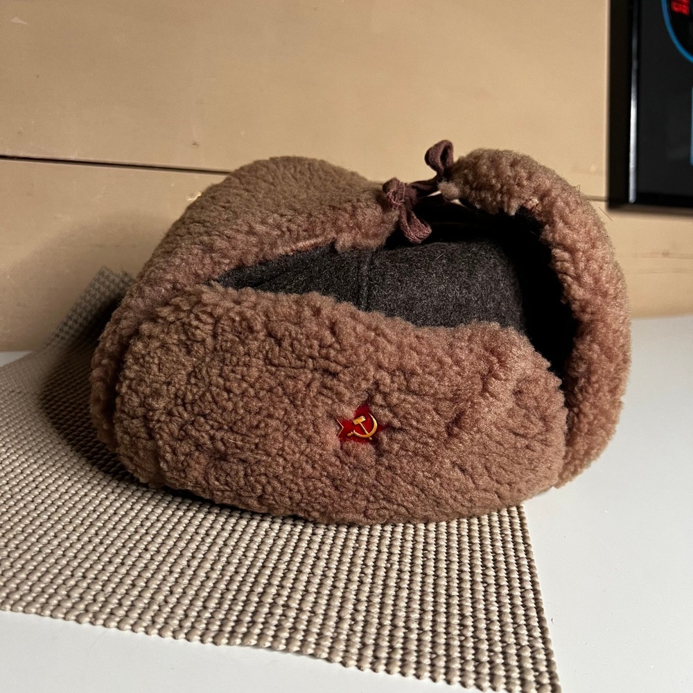 WWII Soviet Red Army Ushanka Winter Hat Brown Faux Fur Russian Military Star Pin